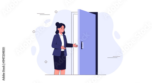 Businesswoman opening a door, welcoming opportunity, new beginnings, career growth