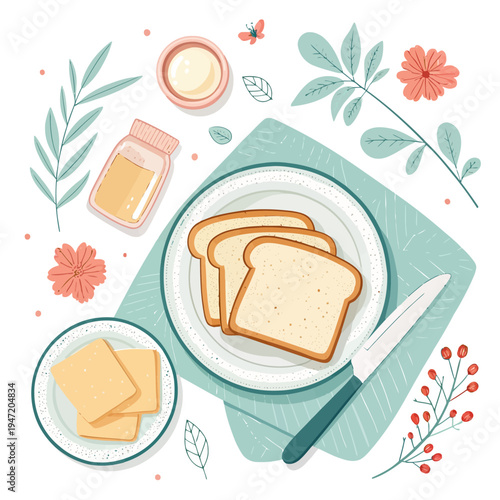 Flat lay illustration of a charming breakfast setting with fresh bread, golden honey, and creamy butter, beautifully arranged with botanical elements for a wholesome morning meal