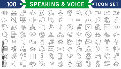 Speaking & Voice web icons in line style. Sound wave, voice recognition, message, audio, speech, collection. Vector illustration.