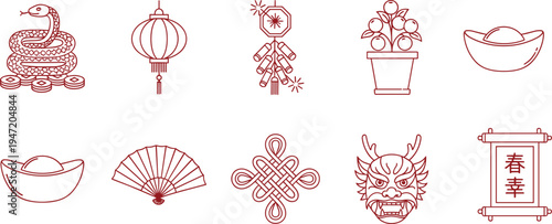 Chinese New Year icons set with lantern firecrackers dragon knot fan gold ingot and lucky symbols vector illustration