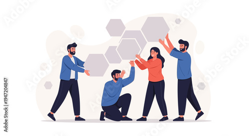 Teamwork and Collaboration: People building a structure with hexagonal shapes