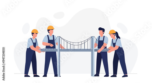 Construction workers building a bridge, teamwork and engineering concept illustration
