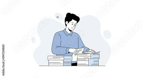 Man Sorting Papers Stacked on Desk, Office Work, Administrative Tasks, Flat Illustration
