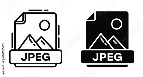 JPEG file format icon set showing image document with mountain landscape symbol in outline and solid black graphic styles