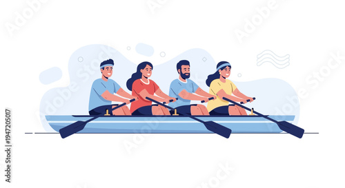Team Rowing Together in a Boat, Sport and Teamwork Concept