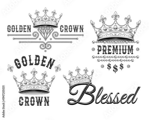 Set of black and white labels with crown, jewelry chains, text. Detailed composition in vintage style on transparent background