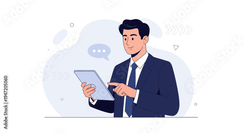 Businessman using tablet, communication concept, modern flat illustration