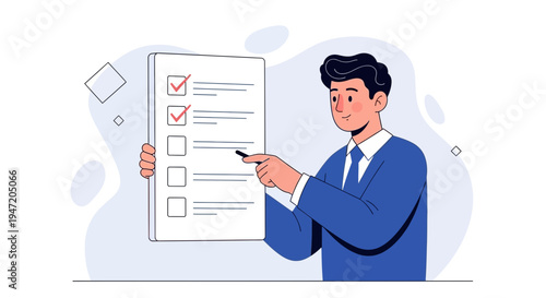 Man in suit pointing at checklist with checkboxes and tick marks, business concept