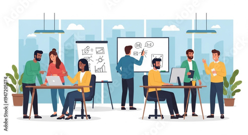 Diverse group of people collaborating in a modern office meeting room.