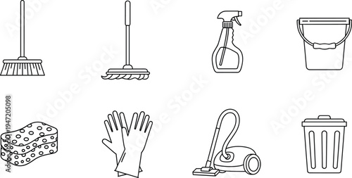 Cleaning tools icons set with broom mop spray bottle bucket sponge gloves vacuum cleaner and trash bin vector outline illustration