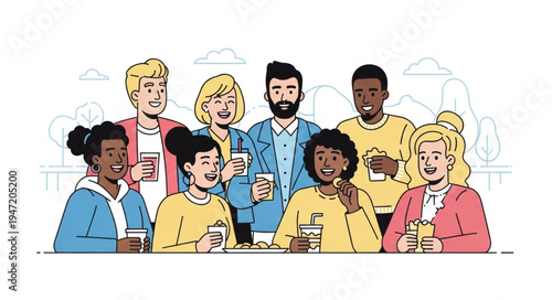 Diverse group of people enjoying drinks together outdoors.