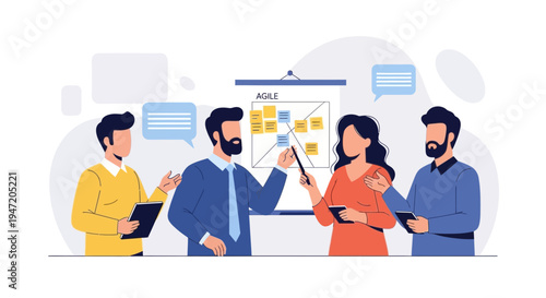 Agile team meeting, planning and collaboration with sticky notes on a whiteboard.