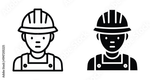 Construction worker icon set featuring male builder wearing hard hat and safety overalls for industrial engineering and architectural project design
