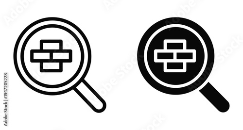 Magnifying glass icon with brick wall symbol representing construction search inspection building material analysis architecture discovery tool outline and solid style