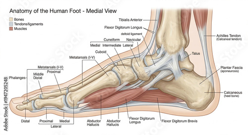 Human foot anatomy medial view showing bones, muscles, and ligaments suitable for medical education, podiatry websites, and anatomy textbooks.