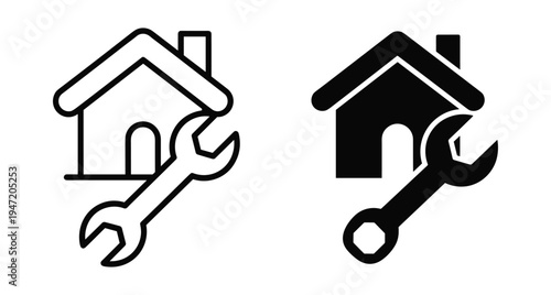 Home repair maintenance icon set featuring house silhouette and wrench tool for renovation construction plumbing handyman service and property improvement
