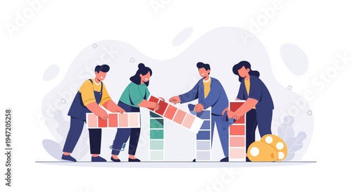 Teamwork in design: people choosing colors from swatches for creative project