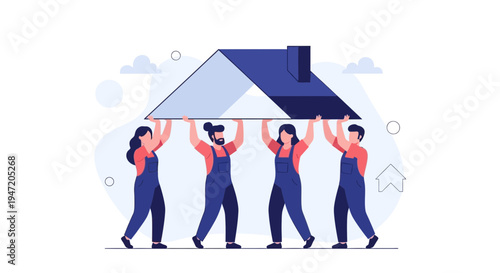 Teamwork building house roof, construction workers carrying home structure, partnership concept