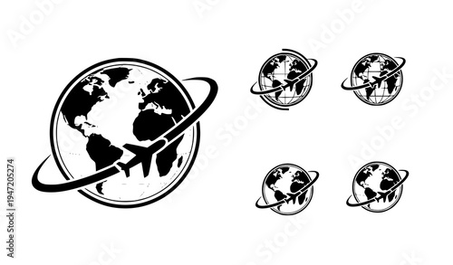 Globe airplane travel icon world flight route aviation vector symbol isolated on white