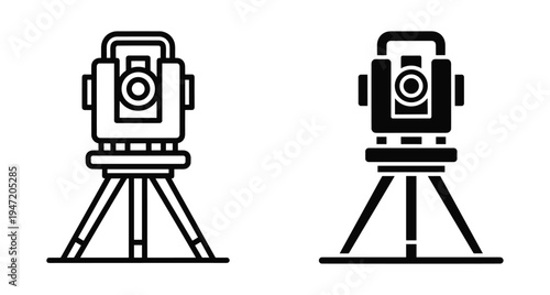 Surveying total station theodolite instrument on tripod icon set for construction engineering land measurement geodetic mapping and architectural site planning