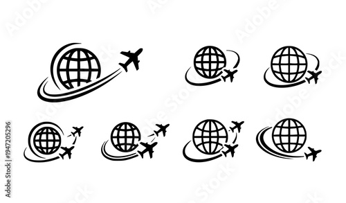 Globe with airplane flight path travel icon aviation tourism vector symbol isolated on white