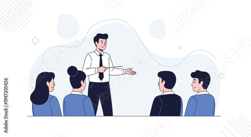 Business meeting: speaker presenting to attentive audience in modern office, flat illustration style