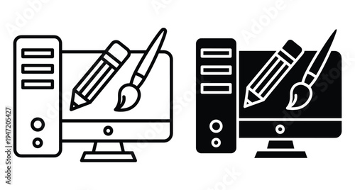 Computer monitor and tower with pencil and paintbrush icons representing digital graphic design creative software and artistic workstation tools for designers