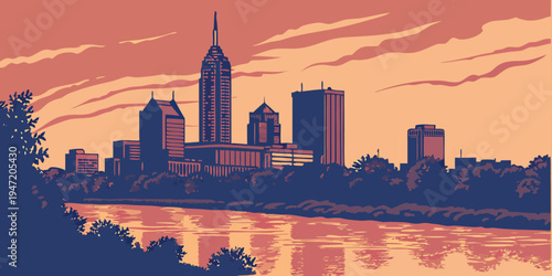 USA, US, U.S, United States - Indianapolis skyline sunset panorama dramatic skyline reflections
