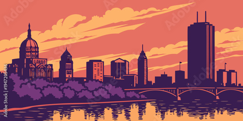 USA, US, U.S, United States - Indianapolis Skyline at Sunset – Panoramic Cityscape with Dramatic Reflections, Glowing Architecture, and Vibrant Midwestern Atmosphere in the United States