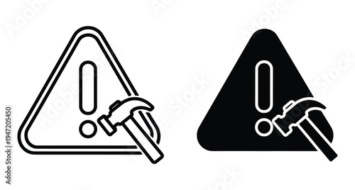 Warning sign with hammer icon representing under construction maintenance repair work alert symbol for website interface development and technical support