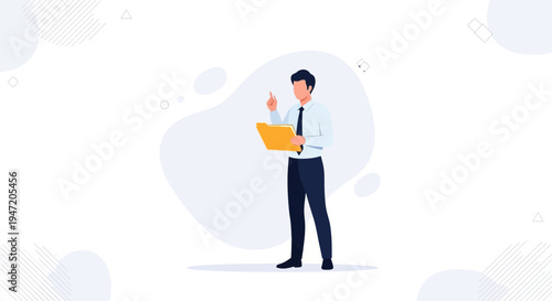 Businessman holding folder, pointing finger up, idea concept, flat illustration