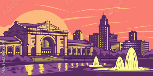 USA, US, U.S, United States - Kansas City Skyline at Sunset – Panoramic Cityscape with Colorful Lights, Iconic Fountains, and Vibrant Midwestern Atmosphere in the United States
