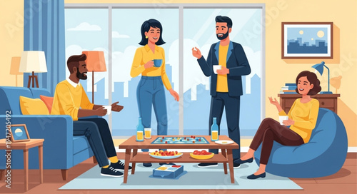 Diverse group of friends enjoying board games and conversation at home.