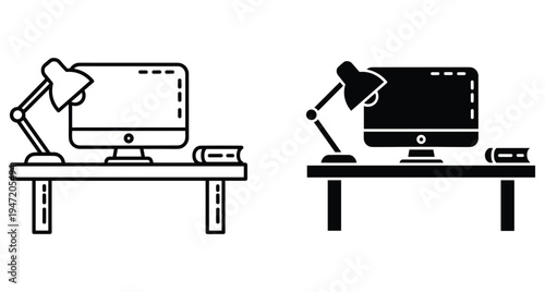 Workspace icon set featuring computer monitor desk lamp and book on table in outline and solid black flat vector style for office design