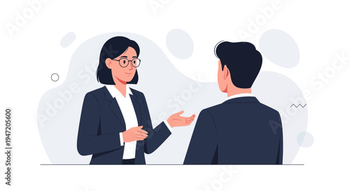 Business meeting between two professionals, man and woman in suits discussing ideas