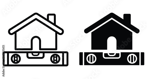 House icon on spirit level tool representing home construction renovation building precision architectural measurement property development projects maintenance repair and engineering