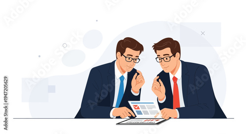 Two businessmen in suits discussing a digital tablet with charts and graphs