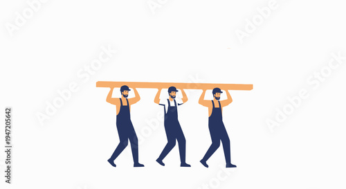 Construction workers carrying a long wooden beam together, teamwork concept
