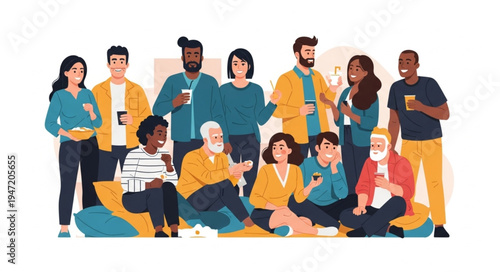 Diverse Group of People Standing and Sitting Together.