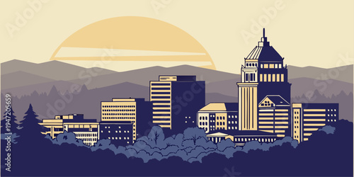 USA, US, U.S, United States - San Jose Skyline at Sunset – Panoramic Silicon Valley Cityscape with Glowing Architecture and Vibrant California Atmosphere