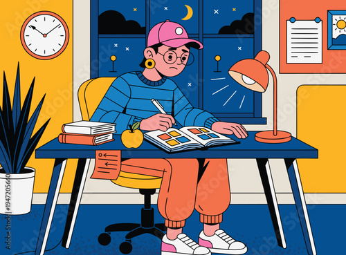 Young Student Studying Late at Night in Cozy Room Illustration