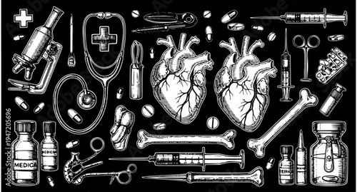 Vintage Medical Healthcare Collage in Yellow Monochrome on Dark Blue Background