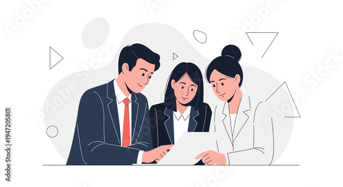 Business Team Collaboration: Diverse professionals discussing project on paper, modern office setting.