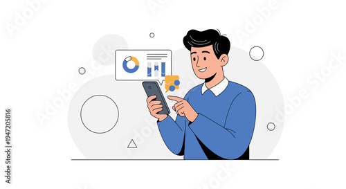 Man using smartphone with financial charts and analytics on screen, business concept