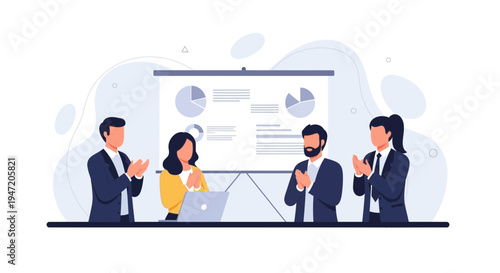 Business meeting success, team applauding presentation with charts on screen