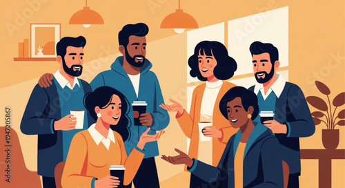 Diverse group of people enjoying coffee together indoors.