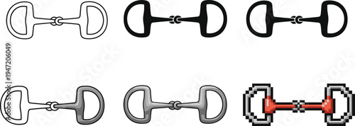 Horse bit equipment icons set in outline solid and pixel styles vector illustration for equestrian riding gear and horse control