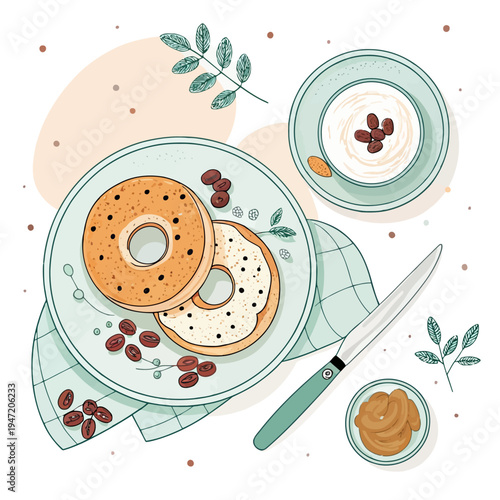 Top-Down View Illustration of a Cozy Breakfast Spread with Fresh Bagels, Aromatic Coffee, and Sweet Accompaniments, Perfect for a Relaxing Morning Meal