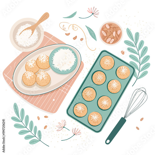 Whimsical flat lay illustration depicting the joyful process of baking and decorating sweet homemade treats with powdered sugar and fresh ingredients, perfect for a cozy kitchen scene or culinary blog