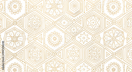 Gold geometric pattern with hexagons and mandalas, seamless design for backgrounds